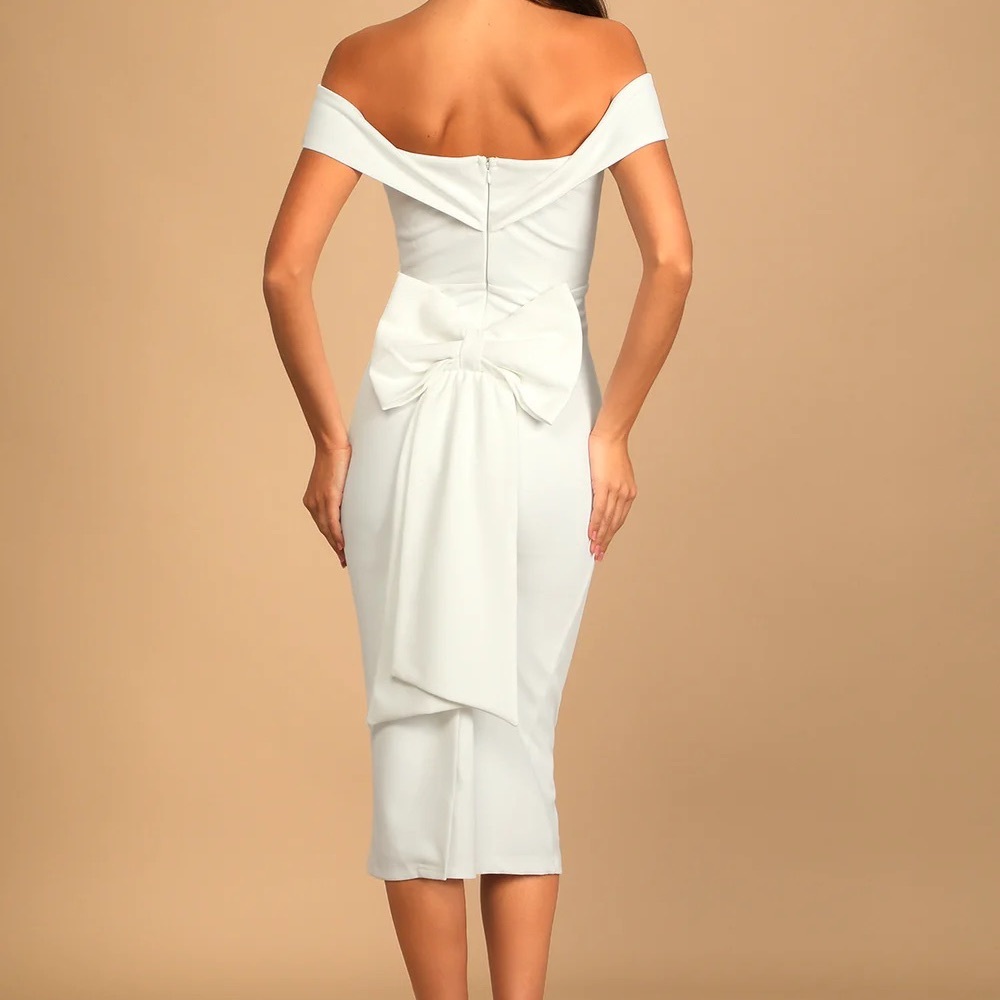 Cordially Invited White Off-the-Shoulder Bow Back Midi Dress